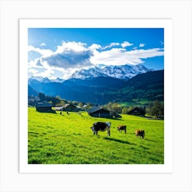 Alpine Pastoral Landscape Cows Grazing On Lush Green Slopes Snow Capped Mountains In The Distance (6) Art Print