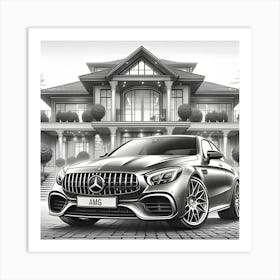 A Pencil Drawing Of A Mercedes Benz AMG In Front Of A Beautiful Modern Mansion 1 Art Print