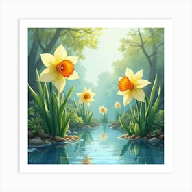 Watercolor Narcissus By A Magical, Reflective Pool 1 Art Print