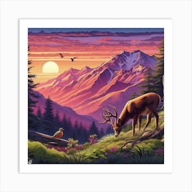 Deer and Bird At Sunset Art Print