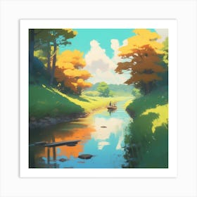 Peaceful Countryside River Acrylic Painting Trending On Pixiv Fanbox Palette Knife And Brush Stro (7) Art Print