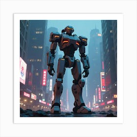 A Colossal Robotic Sentinel Standing Guard Over A Neon Lit City 1 Art Print