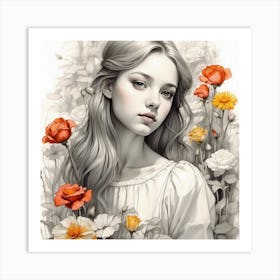 Girl With Flowers, wall art, painting design Art Print