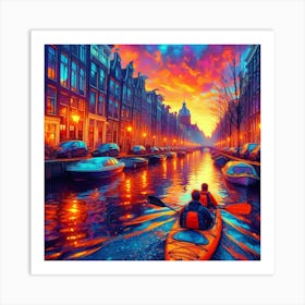 Into The Water A Kayaking Adventure Through Amsterdam S Canals At Dawn Style Neon Urban Impressionism (4) Art Print