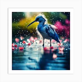 Blue Bird Chick with Floating Flowers Art Print