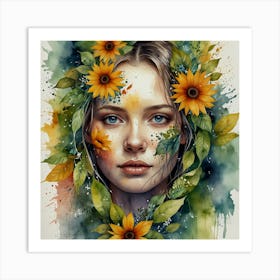 Watercolor Face With Elements Of Nature Like Leaves Art Print