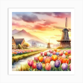 Windmills And Tulips Flower With Flowing River At Sunset Art Print