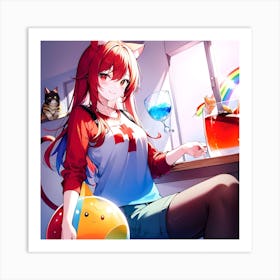 Anime Girl With Cat Art Print