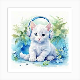 White Cat With Headphones Art Print