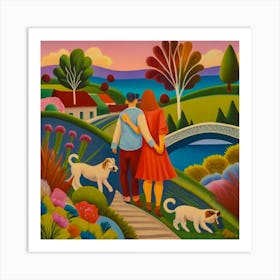 Couple Walking With Dogs Art Print