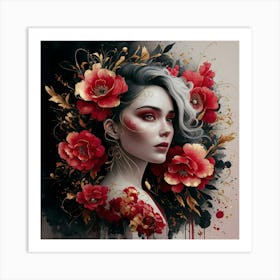 Girl With Red Flowers Art Print