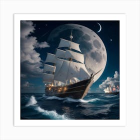 Sailing Ship In The Moonlight Art Print