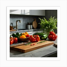 Kitchen With Vegetables On A Cutting Board Art Print