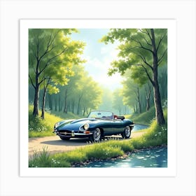 Luxury Coupe By A Tranquil Forest Stream, Watercolor Painting 1 Art Print