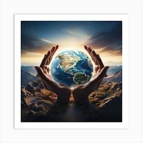 Earth In Hands, Interconnected Hands Forming A Circle Around The Earth Symbolizing Global Kindness And Unity Art Print