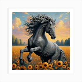 Black Horse In Sunflower Field Art Print