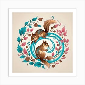 Squirrels Looking for Walnuts, Turquoise, Pink and Brown Art Print