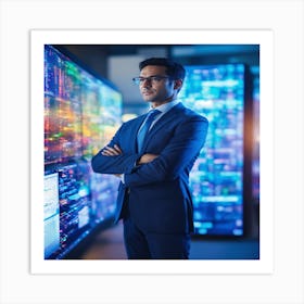 Businessman In Front Of Computer Screen Art Print