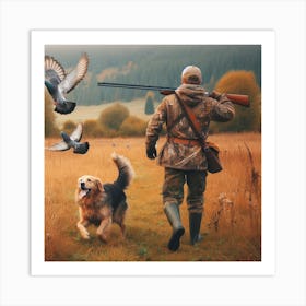 Dog Hunting With Pigeons Art Print