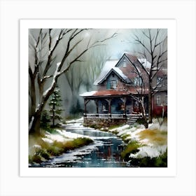 House By The Stream Landscape Art Print