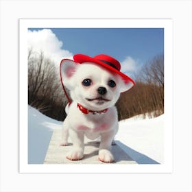 Perrito En La Nieve Con Sombrero Rojo Art Print