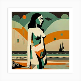 A Day By The Sea Abstract Nude Woman On Beach Art Print