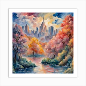 River Forest Trees City Water Lake Sky Clouds Colorful Art Print