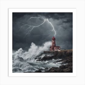 Lightning Over A Lighthouse Art Print