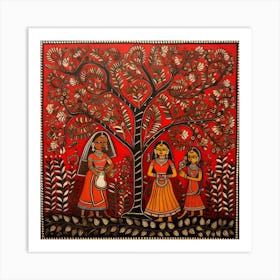 Traditional Painting, Oil On Canvas, Red Color Madhubani Painting Indian Traditional Style Art Print