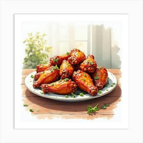 Watercolor Scene Of A Classic And Flavorful Bbq Chicken Wings On A Chic Kitchen Table Art Print