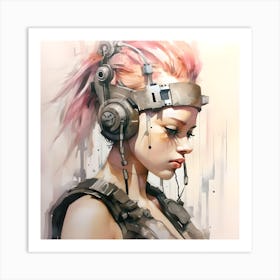 Cyber Girl Ink & Watercolour Painting Art Print