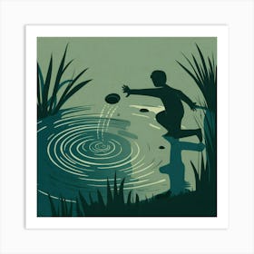 Silhouette Of A Boy Playing In A Pond Art Print