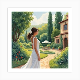 Spanish Woman In A Picturesque Garden, Watercolor With Serene Ambiance 1 Art Print