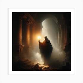 Inspired by the hauntingly beautiful chiaroscuro of Caravaggio: A lone figure, bathed in stark lamplight Art Print