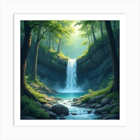 Watercolor Scene Of A Hidden Waterfall In The Depths Of Fangorn Forest Art Print