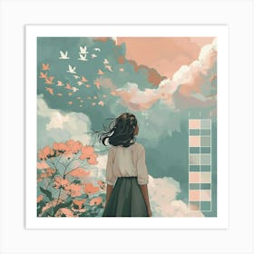 Girl With Birds In The Sky Art Print