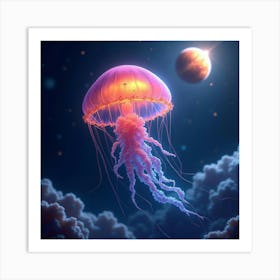 Watercolor Glowing Space Jellyfish Floating Near A Distant, Colorful Planet 1 Art Print