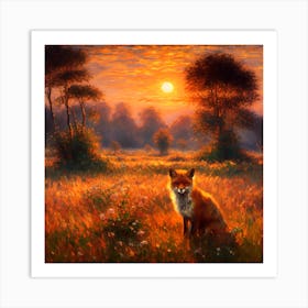 Fox in a Field at Sunset Art Print