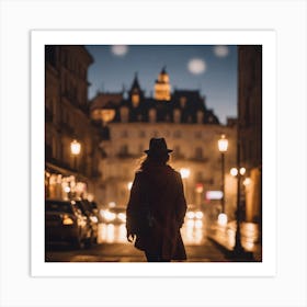 Woman Walking Down The Street At Night Art Print