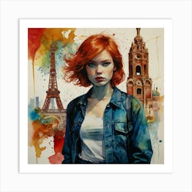 Red Haired Girl In Paris Art Print