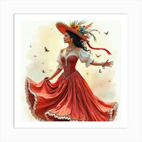 Spanish Woman In A Lively Carnival, Watercolor With Festive Details 1 Art Print