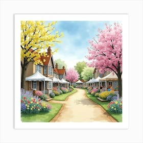 An English Village Spring Fair With Blooming Flowers And Activities, Watercolor 1 Art Print