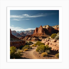 A Picturesque Canyon With A Winding Hiking Trail, Red Rock Formations, And A Vibrant Blue Sky 1 Art Print