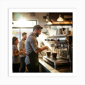 Barista Swiftly Spinning Pouring Water Into A Gleaming Espresso Machine Amidst Morning Rush In Bu (4) Art Print