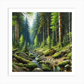 Stream In The Forest, Acrylic Painting Style 12 Art Print