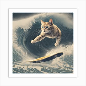 Cat On Surfboard Art Print