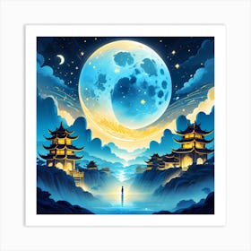 Chinese Landscape With Moon Art Print