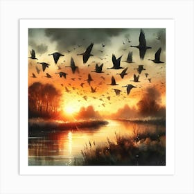 Realistic Textures, A Watercolor Painting Shows A Flock Of Birds Flying Over A River At Sunset 3 Art Print