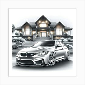 A Pencil Drawing Of A BMW M3 In Front Of A Beautiful Modern Mansion 3 Art Print