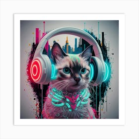 Cat With Headphones Art Print